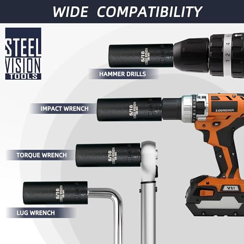 Steel Vision 12 pc 3/8 in Drive SAE (5/16 to 1 Inch) Impact Deep Socket Set, Chrome-Moly Steel, Laser-Etched Markings, Deep Well, Heavy Duty Sockets for Impact Wrenches - size: 3/8"_12pc