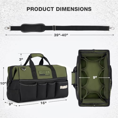 HISEA Heavy Duty Tool Bag 20 Pockets, 16-Inch Portable Tool Box Organizer | Waterproof, Wide Mouth, Large Storage Toolbag for Electrician, Tradesman, with Adjustable Shoulder Strap, Soft Handle