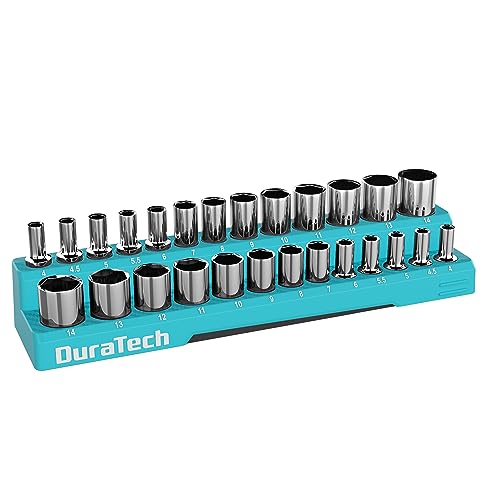 DURATECH Magnetic Socket Organizer, 1/4" Metric Socket Tray Holds 26 Pieces Standard & Deep Size Sockets, Magnetic Sockets Holder(Socket Not Included) - size: 1/4" DR, Metric