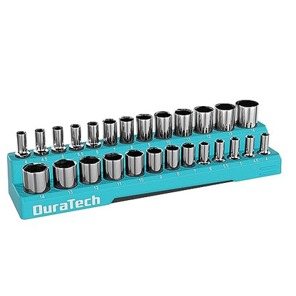 DURATECH Magnetic Socket Organizer, 1/4" Metric Socket Tray Holds 26 Pieces Standard & Deep Size Sockets, Magnetic Sockets Holder(Socket Not Included) - size: 1/4" DR, Metric
