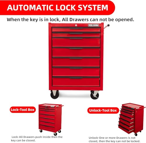 7-Drawer Rolling Tool Chest with Locking Wheels & Drawers, 13" D x 24.2" W x 34.6" H Mobile Tool Storage Cabinet, Heavy-Duty Garage Organizer w/Ergonomic Handle - color: Red