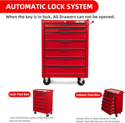 7-Drawer Rolling Tool Chest with Locking Wheels & Drawers, 13" D x 24.2" W x 34.6" H Mobile Tool Storage Cabinet, Heavy-Duty Garage Organizer w/Ergonomic Handle - color: Red
