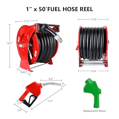 1“ x 50ft Diesel Fuel Hose Reel Retractable with Fuel Nozzle, 1 Inch Fuel Transfer Pump Hose, Auto Swivel Rewind, Max 300 PSI Tank Hose, Easy Use for Farms Boat Truck Bed Trailer Cart - color: Red, size: 1" x 50ft