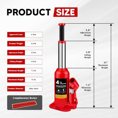 Hydraulic Bottle Jack with Carrying Case, 4 Ton (8,818 lb) Capacity, 7.7-15 inch Lifting Range, Muti-Directional Welded Bottle Car Jack for Car, Truck, RV, Pickup Truck, Auto Repair - size: 4 Ton