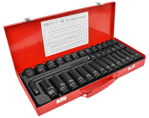 35pcs 1/2" Drive Deep Impact Socket Set, Axle Hub Nut 6-Point Metric 8-32mm CR-V Steel Heavy Duty Sockets Tool Set with L Shape Extension Breaker Bar for Vehicle Repair Maintainance (22508#) - style: 22508#