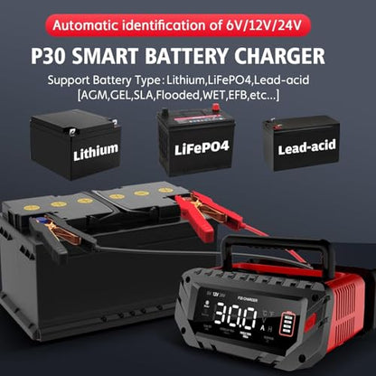 30 Amp Lithium Battery Charger,6V10A/12V30A/24V16A Lifepo4,Lead-Acid(AGM/Gel/SLA..) Smart Car Battery Charger,Battery Maintainer,Trickle Charger, and Battery Desulfator for Car,Boat,Motorcycle