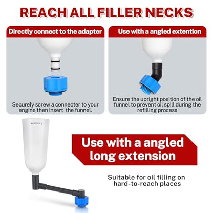 BILITOOLS Engine Oil Funnel Kit, Master Oil Filling Tool Kit for Oil Change | 2.2QT Automotive No Spill Funnel Set with 15 Adapters for Common Vehicle Makes and Models