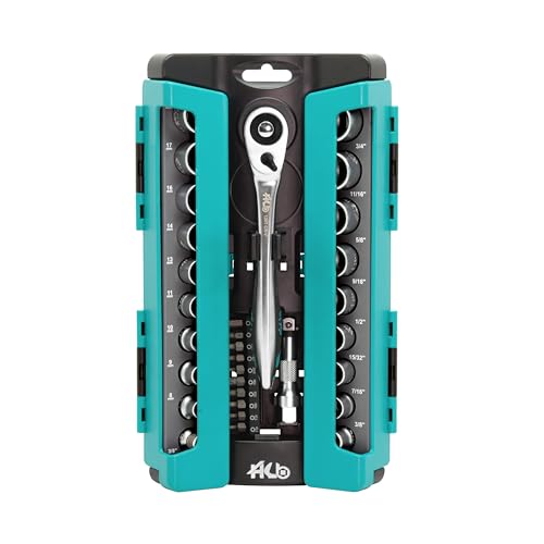 HB 32-Piece 3/8" Drive Socket Set AKX009-U, 120-Tooth Teardrop Offset Ergonomic Ratchet with Quick Release, Chrome Vanadium Steel Sockets, Micro-Chrome Finish, Portable Rack, Made in Taiwan - size: ‎32PC 3/8" DR. (120T)