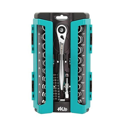 HB 32-Piece 3/8" Drive Socket Set AKX009-U, 120-Tooth Teardrop Offset Ergonomic Ratchet with Quick Release, Chrome Vanadium Steel Sockets, Micro-Chrome Finish, Portable Rack, Made in Taiwan - size: ‎32PC 3/8" DR. (120T)
