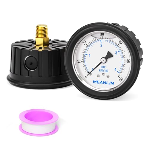 MEANLIN MEASURE 0~60Psi Stainless Steel Liquid Filled Pressure Gauge 1/4" NPT 2.5" FACE DIAL with Rubber Protective Sleeve, Center Back Mount - size: 0-60Psi