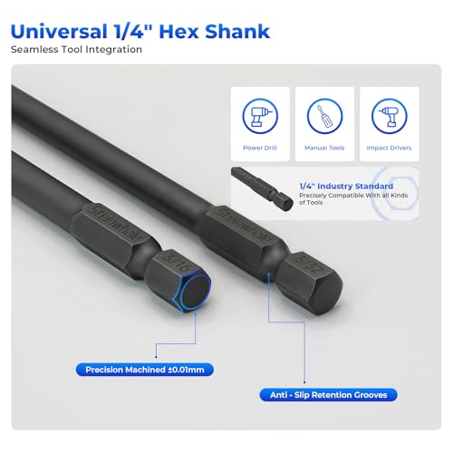 Impact Rated Screwdriver Bit Set, 4" Extended Long Magnetic Power Bits, Premium S2 Steel, Shock-Absorbing Design, 1/4" Hex Shank for Power Drill & Impact Driver (4 Inch SAE Hex) - size: 4 Inch SAE Hex