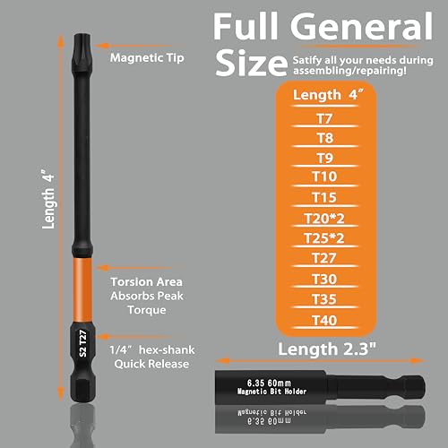 4’’ Long Impact Torx Bit Set 13pcs (TT7-TT40), S2 Steel Security Torx Bit Set, CNC Machined Tips tamper proof star bits, 1/4 ‘’ Hex -Shank torx bits with magnetic bit holder and Storage Box