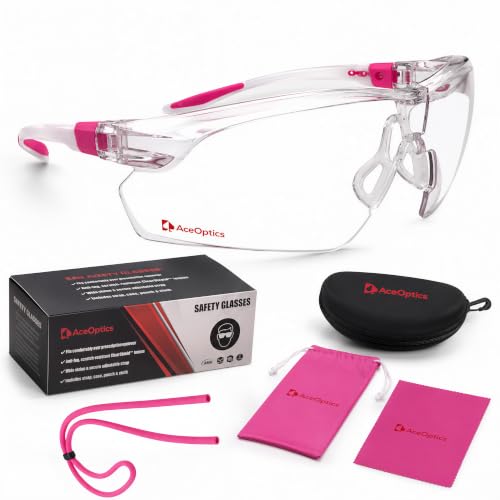 Safety Glasses – ANSI Z87 Certified, 5X Anti-Fog ClearShield™ Lenses with Premium Hard Case & Accessory Bundle - color: Pink & White / Clear