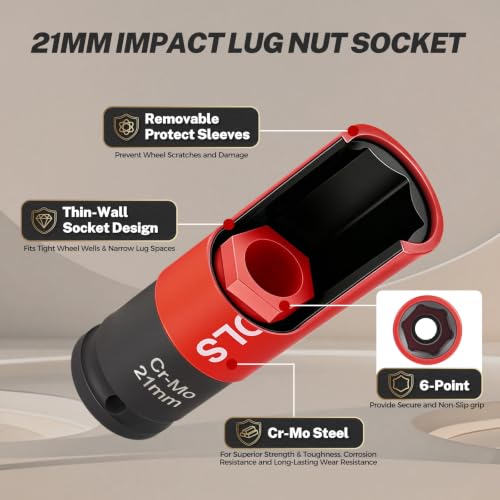 BILITOOLS 21mm Lug Nut Socket, 1/2" Drive Thin Wall Impact Socket | Non-Marring Sleeve, 6-Point Cr-Mo Wheel Socket for Tire Changes, Rims and Auto Repair - size: 21MM