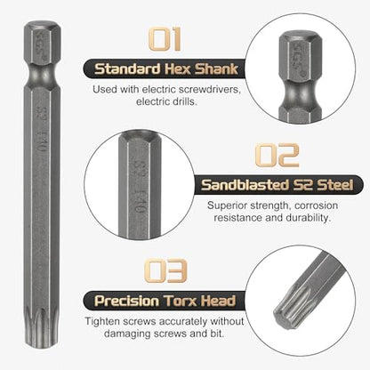 HARFINGTON 3pcs T40 Torx Head Screwdriver Bit 1/4" Hex Shank 2.6" (65mm) Long Magnetic No Hole Tip Tamper Proof 6 Point Star Screw Driver Drill Bits S2 Steel Industrial Power Screwdrivers - size: T40 x 2.6"(65mm)