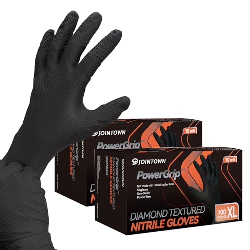 Jointown Upgraded 10 Mil Heavy Duty Nitrile Gloves, Mechanic Gloves Nitrile Disposable, with Raised Diamond Texture - color: Black 10 Mil, size: Large