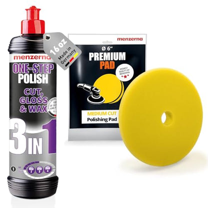 menzerna All-in-One polishing Kit I Car polishing Set with Menzerna One-Step Polish 3in1 (16oz) and 6 Inch Polishing Pad I Moderate Scratch Remover, high Gloss and Wax Kit for All Types of Vehicles - style: 16oz. + Pad