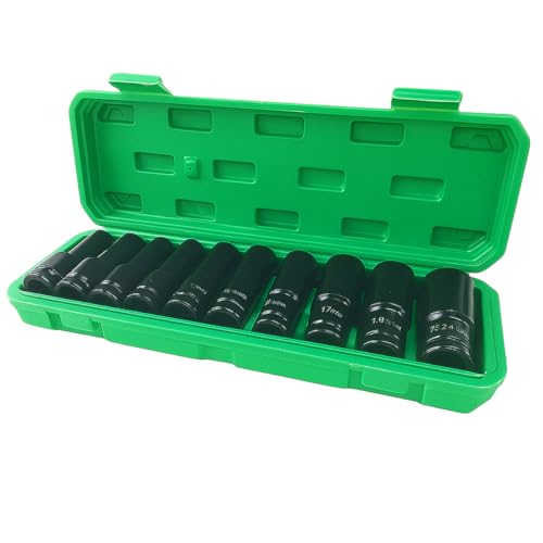 10PCS 1/2" Drive Deep Impact Socket Set, Cr-V Steel 6-Point Metric Car Wheel Lug Nut Removal Sockets Tool with 8-24mm Sizes, Universal Auto Repair Accessories for Most Cars(Green) - color: Green