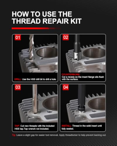 Kolvoii M6 X 1.0 Metric Thread Repair Kit with HSS Drill Bit, Tap, Counterbore and Installation Tool, 10 Solid 304 Stainless Steel Thread Inserts, 9.4mm Length, for Automotive and DIY Repairs - size: M6 X 1.0