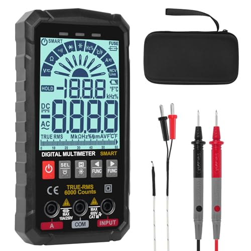 WGGE Digital Multimeter Voltmeter Smart Electrical Tester Measures Voltage Current Resistance Continuity Duty-Cycle Capacitance Temperature Frequency Auto Ranging 6000 Counts TRMS
