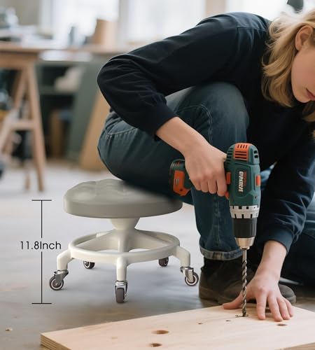 Upgraded Low-Profile Rolling Stool with 360° Smooth Rubber Wheels – Heavy-Duty 450lbs, Puffed PU Seat & Anti-Tip Base | Ideal for Home, Office, Salon, Workshop, Mechanic, Garage, Grey - style: Puffed Grey Seat White Frame