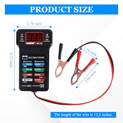 Wuyaoyao 12V Car Battery Tester with LCD Display & LED Indication, Automotive Battery and Alternator Tester Tool, Batteries Voltmeter and Alternator Charging System Analyzer, Car Accessories