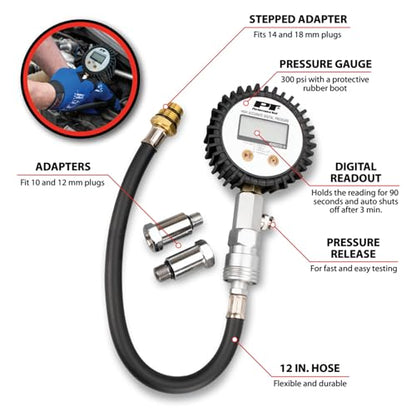 Performance Tool W89747 Digital Compression Tester - Accurate Diagnosis for Engine Performance, 300 PSI Gauge, Quick Disconnect Fitting, Stepped Adapters, Auto Shut-Off, Battery Included - style: Digital Compression Tester