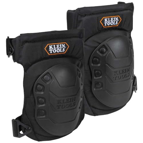 KLEIN TOOLS 60344 Knee Pads, Hinged Gel Knee Pads with Slip Resistant Rubber Caps, Quick-Release Clips and Adjustable Straps, Black