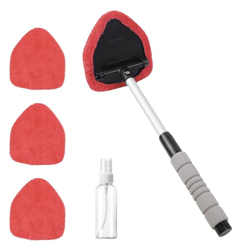 wuyaoyao Car Windshield Cleaning Tool, Car Windshield Window Cleaner, Auto Window Glass Cleaning Kit with Extendable Handle & Reusable Microfiber Pad & Spray Bottle, Universal Car Accessories (Red) - color: Red