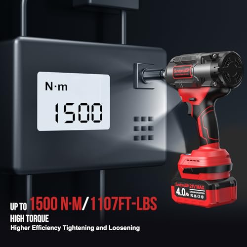 Cordless Impact Wrench 1/2" 21V High Torque Brushless Power Impact Gun 1107Ft-lbs (1500Nm) with 2x4.0Ah Batteries & 6 Sockets & Fast Charger & Case for Car & Truck & RV & Heavy Duty Use