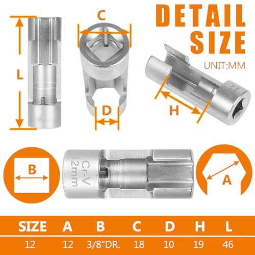12MM (3/8"DR) Difficult Access Diesel Injector Fuel Line Socket Set Difficult Access Flare Nut Wrench Spanner for Wired Temperature Sensors, Thermo Switches, ABS Tube, Master Cylinder, Coolant, etc - size: 12MM(3/8"DR.)