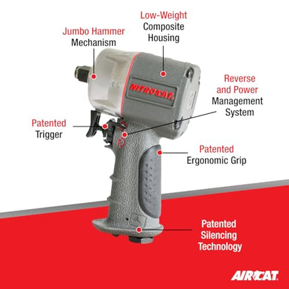 AIRCAT Pneumatic Tools 1076-XL 3/8-Inch NITROCAT Composite Compact Impact Wrench : Low Weight Power Impact Wrench : Tool for Automotive Improvement & Maintenance - size: 3/8-Inch