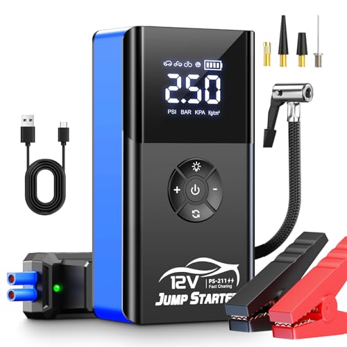 Jump Starter with Air Compressor, 8000A 180PSI, Portable Car Battery Jump Starter (All Gas/12L Diesel) 12V Automobile Jump Box Pack Chargers with Jumper Cables, 4-Mode LED Lights - color: blue