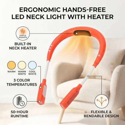 Orange LED Neck Light, Heated Flexible Reading Lamp with 3 Color 9 Brightness, Rechargeable Bendable Neck Light with 2000mAh Battery, for Campers, Mechanics, and Night Readers