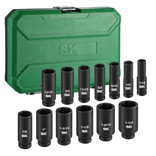 SK 1/2" Drive Impact Socket Set, Deep SAE Sockets, 13-Piece 7/16" to 1-1/4", Premium CR-MO Steel, SureGrip 6 Point Design, With Storage Case - size: SAE