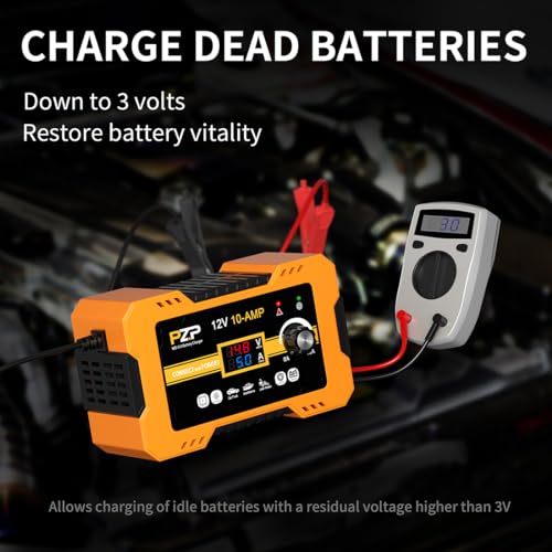 12V Automatic Car Battery Charger, 0-10A Arbitrarily Adjustable Smart Trickle Charger, Auto Desulfator with Battery Repair, Battery Maintainer with Winter Mode for AGM, Gel, Deep Cycle, Lead-Acid - color: Persimmon