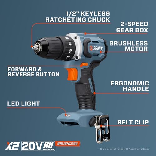 SENIX 20V Max Cordless Drill/Driver Set, Power Tool Kit, Brushless Motor, 1/2-Inch, 2 Variable Speed,Tool Only (PDDX2-M2-0) - style: Drill Tool Only
