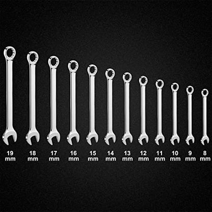 12-Piece Metric Combination Wrench Set in Roll-up Pouch, Non-Skip Sizes 8mm - 19mm | Chrome Vanadium Steel with Mirror Finish | Ideal for General Household, Garage Workshop, Auto Repairs and Much More - size: 12-Piece Metric Set