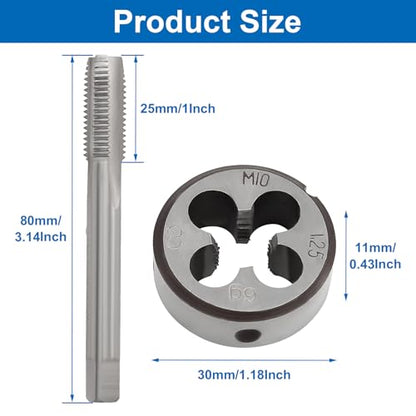 Waziaqoc M10 x 1.25mm Tap and Die Set | Metric, High-Speed Steel, Thread Tap and Die, Various Metals, Right Hand - size: M10 x 1.25mm