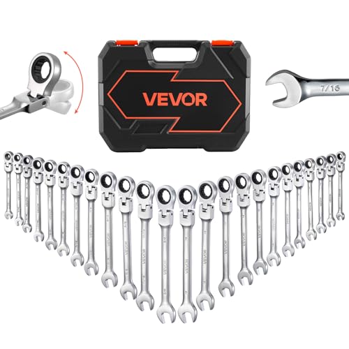 VEVOR 24-piece Ratcheting Wrench Set with 180° Flex Head, Anti-Slip Tooth, Combination Wrench Sets with Organizer Box, Metric 8-19mm & SAE 1/4-3/4", Polished - color: Silver 24pcs, size: Metric&SAE