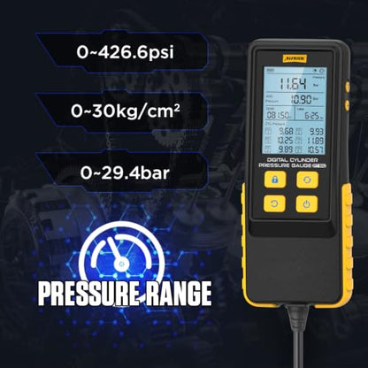 AUTOOL Digital Compression Tester Automotive Compression Gauge 0-426PSI 0~29bar for Petrol Engine Cylinder Compression Test Kit with Adapters & Hoses, 6 Data Saving, Backlit Screen