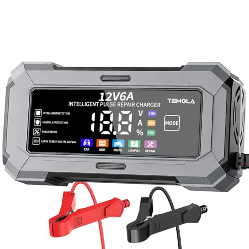 Car Battery Charger Automatic Trickle Charger and Battery Maintainer with Pulse Repair Digital Display Trickle Charger for Car Battery 12V6A Auto Battery Charger for AGM Motorcycle LiFePO4 Batteries - color: Gray