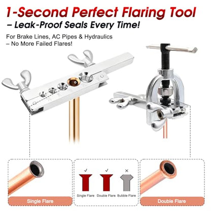25ft Brake Line Kit with Deburring Tools, 3/16” & 1/4” Copper Steel Tubing, Includes Double/Single Flare Tool, Tube Cutter, Bender & Fittings, Universal Car & Truck DIY Repair Set - size: L-Double Flare