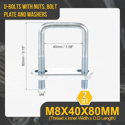 DTGN M8x40x80mm U Bolts Square Kit - 2Set - Carbon Steel U-Bolt Kit with Nuts, Washers, Frame Plate - Good for Pipe, Trailer, Automotive, Leaf Spring Fastener - size: M8x40x80mm
