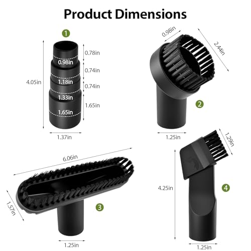 Vacuum Attachments, 4 Pieces, 1-1/4 Inch, Round and Square Brushes, 2-in-1 Suction Brush, 4-Layer Adapter, Universal for Most Vacuum Cleaners