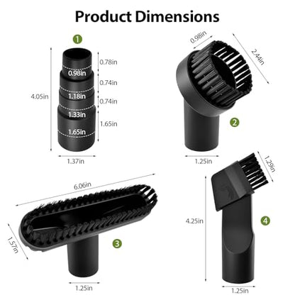 Vacuum Attachments, 4 Pieces, 1-1/4 Inch, Round and Square Brushes, 2-in-1 Suction Brush, 4-Layer Adapter, Universal for Most Vacuum Cleaners