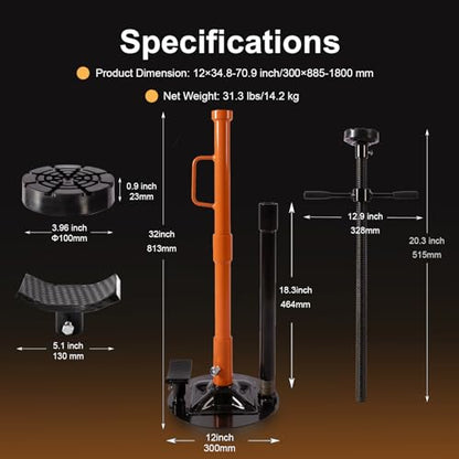 Underhoist Support Stand, 1-Ton Capacity, 3-Section Adjustable Height 34.8'' to 70.9'', Self-Locking Threaded Screw with Thrust Bearing Pole Jack, 2 Replaceable Saddles for Vehicle Component Support