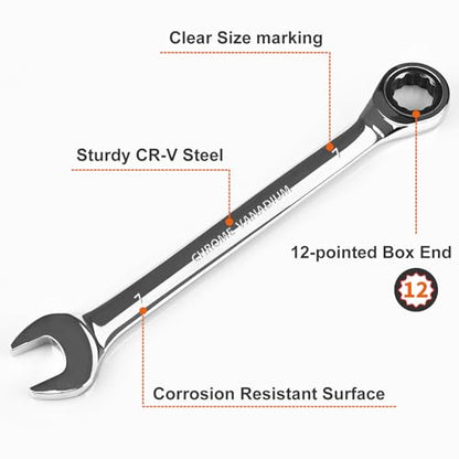 Egofine 7mm Ratcheting Combination Wrench Metric, Industrial Grade Gear Spanner with 12-Point Design, 72-Tooth Ratchet, Chrome Vanadium Steel - size: 7mm