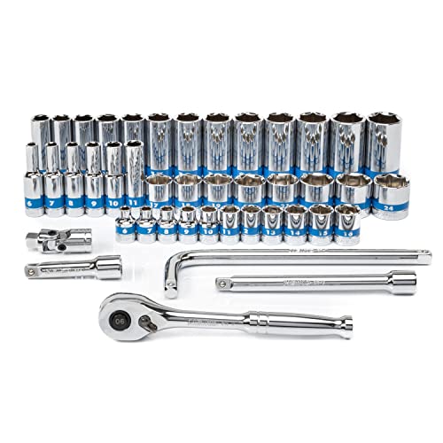 NEIKO 02512A 3/8” Drive Socket Set with Quick Release Ratchet (90 Tooth), 43 Piece Standard and Deep Metric Sizes, 6mm to 24mm, 6 Point, Universal Joint, 3/8” Extension Bars, Made with CR-V Steel - size: 3/8" Drive, style: Metric