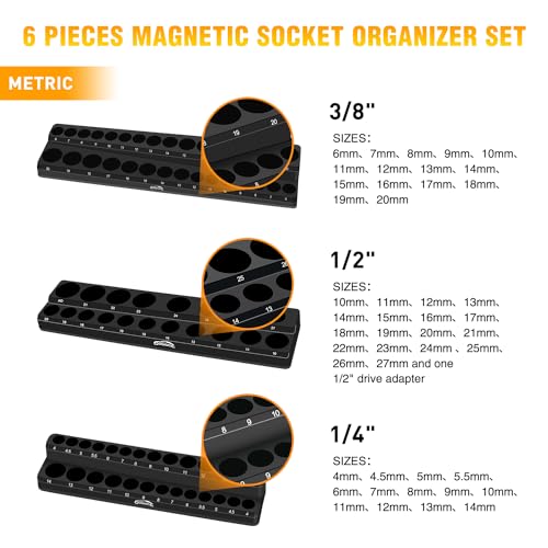 GOOACC Magnetic Socket Organizer Set, 6 Pieces Magnetic Socket Holder 1/2", 1/4", 3/8" Drive Metric & SAE Socket Tool Set, Socket Organizer Tray for Tool Box Drawer Holds 143 Standard Sockets - size: 6PCS SAE & Metric Red Black